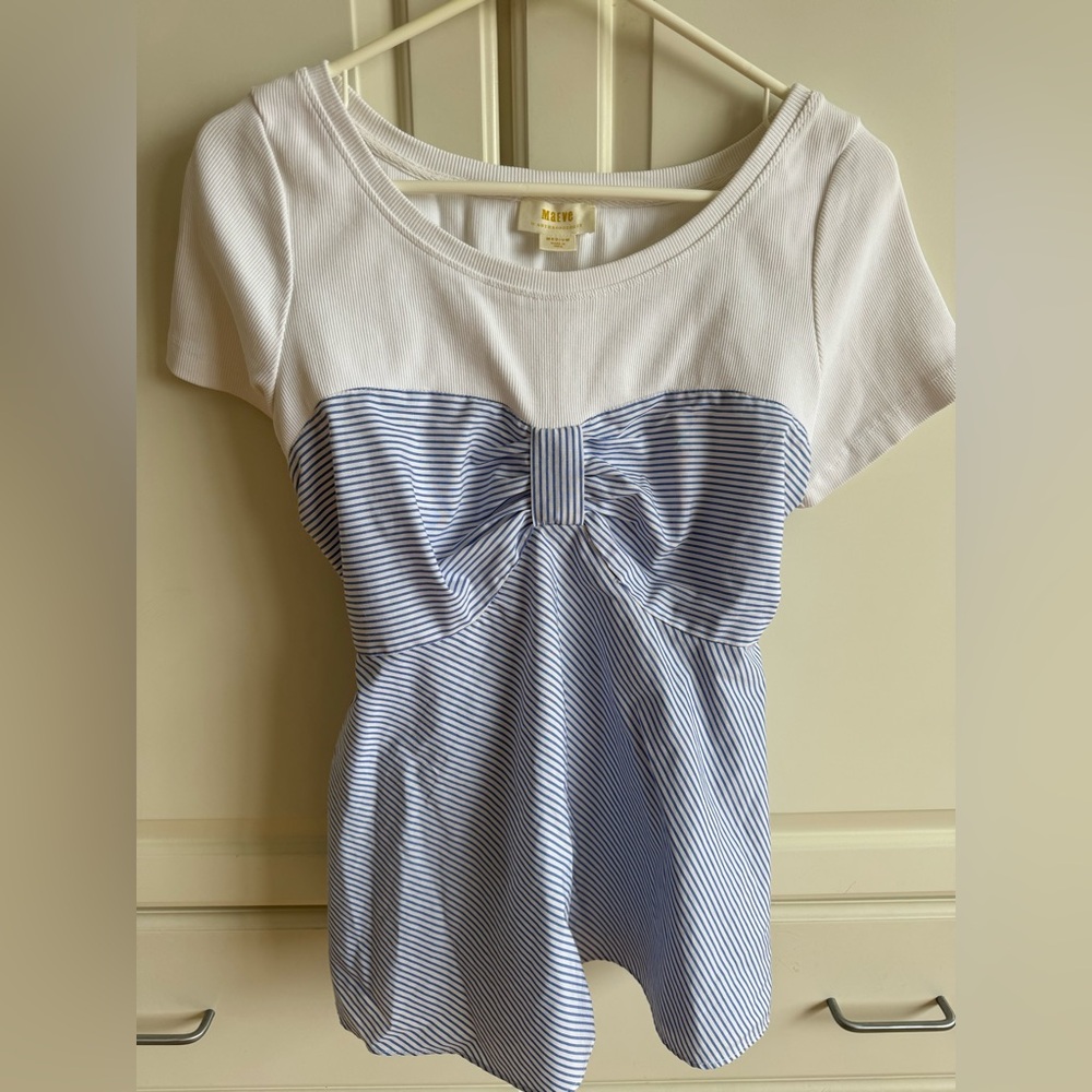 Anthropologie Maeve White and Blue Tie Front Blouse
